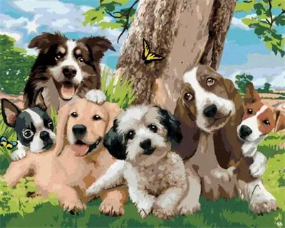Produktbild von Diamantmalerei, Familie von Hunden unter einem Baum, 30x40 cm, kreative Diamanten