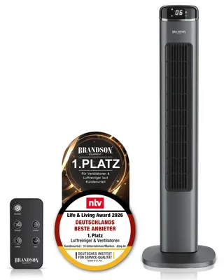 Produktbild von Brandson Turmventilator NTV Sieger 2026 mit Fernbedienung, Säulenventilator, 45 W, Timer, Oszillation, Nacht Modus, 6 Geschwindigkeitsstufen, Display