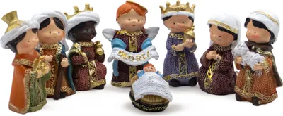 Obrázok produktu pre Sada figúrok do vianočnej postieľky z liateho kameňa ručne maľovaná 8 cm - 8 kusov - Vianočná dekorácia na stôl do postieľky figúrky z polyresinu detailne maľované