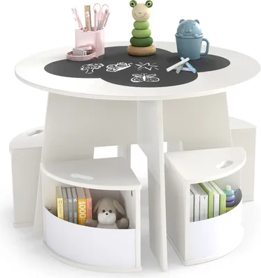 A white children's table and chair set with storage stools, featuring toys and books on the table and in the storage.