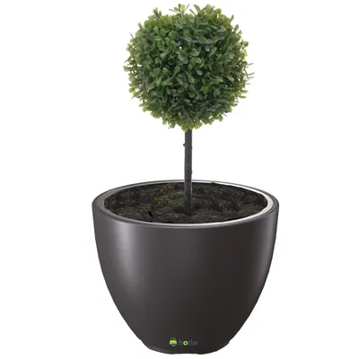 A round, artificial topiary plant in a dark gray pot.