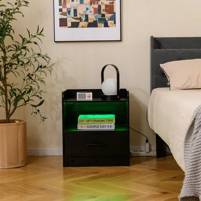 Zdjęcie produktu dla Stolik nocny COSTWAY stolik nocny z oświetleniem LED, otwartą przegrodą i szufladą, szafka nocna, stolik rozkładany, komoda nocna 44,5x40x50cm, czarny