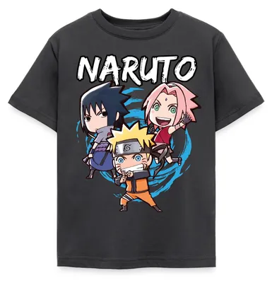 Produktbild von Spreadshirt Naruto Shippuden Chibi Naruto, Sakura & Sasuke Kinder T-Shirt, 110/116 (5-6 Jahre), Dunkelgrau