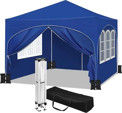 Obrázek produktu pro Pavilon se 4 bočními stěnami, 4 pytle s pískem, skládací pavilon s půlměsíčitou střechou, přepravní taška, zahradní pavilon, voděodolný, stabilní, s UV ochranou, párty stan, venkovní použití, výškově nastavitelný, modrá barva