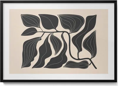 Produktbild von Minimalistische Illustration von Pflanzenblättern– Wandbild mit Rahmen – Gerahmtes Bild  – Wanddekoration – 100x70 cm –  Schwarz Rahmen