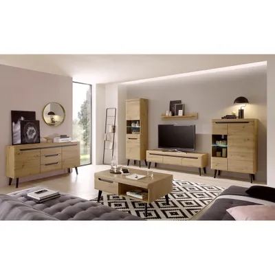 Produktbild von Wohnwand Komplett Set mit Couchtisch und Sideboard in Eiche Artisan mit Schwarz TIROL-61 skandinavisches Design