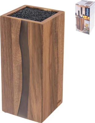 A wooden knife block with a resin inlay, shown against a white background. A small box with product imagery is in the upper right corner.