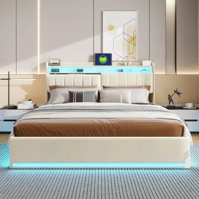Zdjęcie produktu dla UnboxG Nowoczesne aksamitne łóżko dwuosobowe 160x200 cm z miejscem do przechowywania, oświetleniem LED RGB i funkcją ładowania USB-C - Beżowe tapicerowane łóżko z półką na zagłówku i praktycznym portem USB