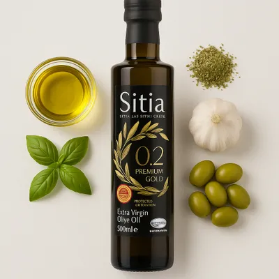 Produktbild von Sitia Premium Gold Natives Olivenöl Extra 500 ml – Griechisches Olivenöl, Kaltgepresst, 0,2 % Säure, Aus Glasflasche