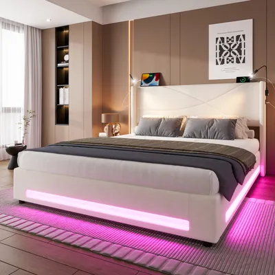 Produktbild von STILVORA Polsterbett 160x200cm Doppelbett mit hydraulischem Stauraum,Funktionsbett Jugendbett mit LED-Beleuchtung und USB-Anschlüssen,Beige (ohne Matratze)