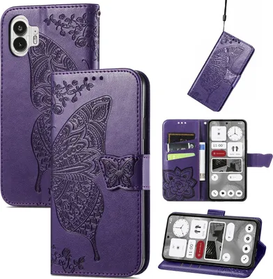 Produktbild von Für Nothing Phone 2 Kunstleder Wallet Handy Tasche Schmetterling Design Hülle Etuis Lila