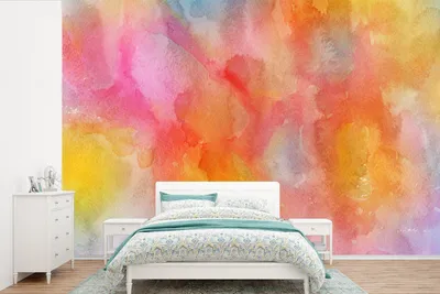 Produktbild von MuchoWow® Fototapete für Wohnzimmer oder Schlafzimmer Wandtapete Vinyl Motivtapete Aquarell - Rosa - Gelb - Orange - 360x240 cm - Vinyl-Tapete