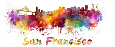 Produktbild von Wallario Premium Glasbild, freischwebende Optik, kräftige Farben, Größe 80 x 32 cm Motiv Städte als Aquarell - Skyline von San Francisco