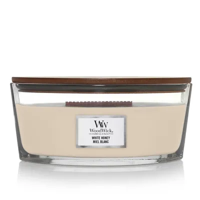 Image de WoodWick White Honey bougie en cire Ellipse Orange, Caramel, Vanille Blanc 1 pièce(s)