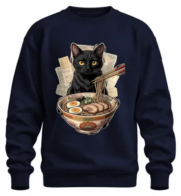 Zdjęcie produktu dla Czarna kotka, ramen, japońskie anime, Japonia, styl Y2K, manga, bluza z kapturem, granatowy kolor, rozmiar S