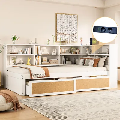 Produktbild von Flieks Tagesbett mit 2 Schubladen, Schlafsofa 90x200cm mit Ladefunktion, Holzbett Einzelbett Stauraumbett mit Staufach, Jugendbett Gästebett, Weiß
