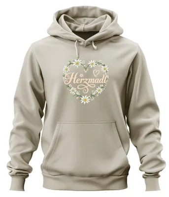 Imagen del producto de Herzmadl Edelweiss, flores de edelweiss, corazón de flores, traje tradicional bávaro, pantalones de cuero, sudadera con capucha de estilo "Alm", sudadera con capucha, naturaleza, talla L
