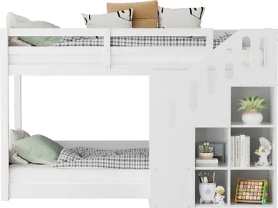 Immagine prodotto di Letto a castello per bambini, letto matrimoniale, lettino multifunzionale, con scaletta e cassetti, sponde robuste, senza materasso, 90×200 cm, bianco,