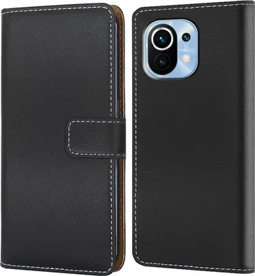 A black flip-style phone case for a Xiaomi Mi 11 is shown, with the phone inserted into the case on the right side of the image.