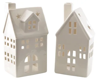 Produktbild von Logbuch-Verlag Teelichthäuser 2er Set aus Porzellan Weiß 9x19x7 cm – winterliche Häuser-Deko mit Sternen für Weihnachten & Winter