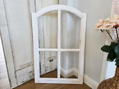 Produktbild von Deko Holzfenster 50x78cm Shabby Chic Fensterrahmen weißes Sprossenfenster mit Rundbogen