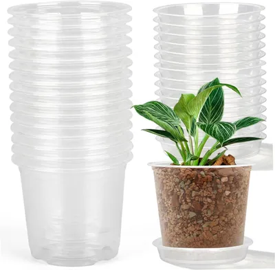 Produktbild von Transparente Kunststoff-Pflanztöpfe für den Garten, 15 cm, mit Untersetzern und Drainagelöchern, 15 Stück
