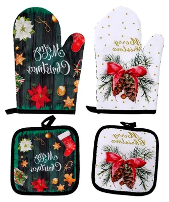 Produktbild von Ofenhandschuhe 2 Sets Weihnachts-Ofenhandschuhe Kneifhandschuhe Topflappen Küchenhandschuhe Grillhandschuhe Weihnachts-Tischmatte