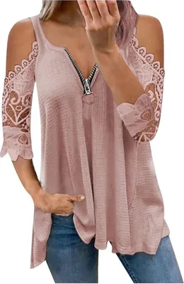 Image de ASKSA Chemisiers Femme T-shirt sans bretelles col V Tops amples manches longues Tuniques de base, Rose, 3XL