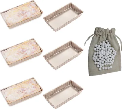 Obrázek produktu pro 7dílná sada na pečení tartů, obdélníkových quiche a dezertů, 6 forem na tarty s odnímatelným dnem a 500g keramickým závažím, nepřilnavý povrch, odolné formy na pečení