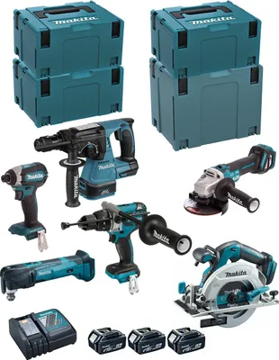 Produktbild von MAKITA Kit DLX6085TJ (DHR243 + DHP481 + DTD153 + DHS680 + DGA513 + DTM51 + 3 x 5,0 Ah + DC18RC + 3 x MAKPAC 3 + MAKPAC 4)