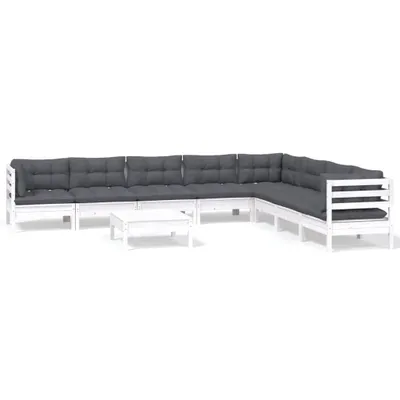 Produktbild von 9-tlg. Garten-Lounge-Set mit Kissen Weiß Kiefer Massivholz