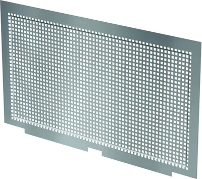 A silver metal grate with a grid pattern, shown at an angle against a light gray background.