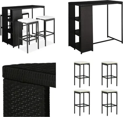 Produktbild von vidaXL 5 tlg. Gartenbar Set mit Kissen Poly Rattan Schwarz - Gartenbar-Set - Gartenbar-Sets - Gartentisch Und Stuhl - Gartentische Und Stühle