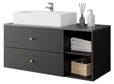 Produktbild von MIRJAN24 Waschbeckenschrank Kertos mit Waschbecken, mit Siphon, mit zwei Schubladen (Farbe: Schwarz / Schwarz + Schwarzer Marmor)