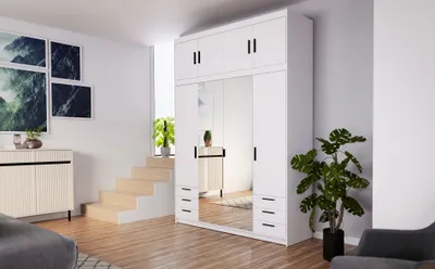 Produktbild von Tkmoebel LENA 4D   4-türiger Kleiderschrank 6 Schubladen + Spiegel + Aufsatz  Breite 176cm, weiß