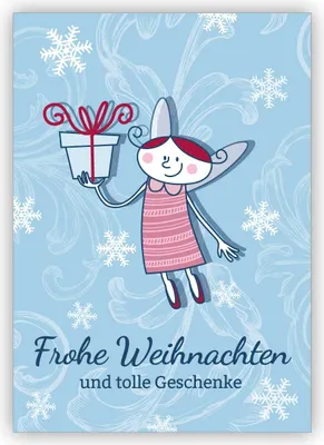 Produktbild von 4x Niedliche Weihnachtskarte mit Geschenke Engel: Frohe Weihnachten und tolle Geschenke