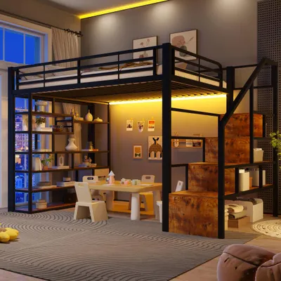 Image de Lit superposé avec éclairage LED intégré, structure en fer, espace de rangement, barrière de sécurité et échelle, étagère, matelas non inclus, dimensions 140 x 200 cm, couleur noire