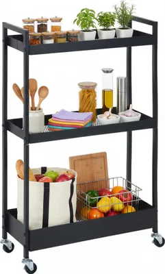 Produktbild von Relaxdays Nischenwagen, 3 Ebenen, Mesh-Design, HBT: 85 x 20 x 50 cm, Badezimmer, Küche, Metall, Rollwagen, schwarz