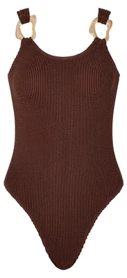 Produktbild von Moda Minx Badeanzug SCRUNCH Irregular Hoop Swimsuit mit edlen Schmuckelementen an den Trägern Coffee XS