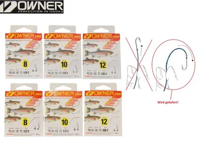 Produktbild von Owner Profi Forellenhaken 70cm Vorfach, Größe/Tragkraft/Durchmesser/Inhalt:Gr.12/2.8kg/4x0.08mm/7 Haken pro Packung