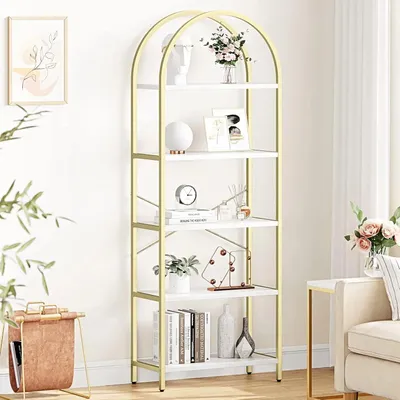 Produktbild von Standregal - Geschwungenes Bücherregal - 5-stöckiges Hohes Holzregal Für Bücher Und CDs - Modernes Aufbewahrungsregal Wohnzimmer Büro - Gold/Weiß