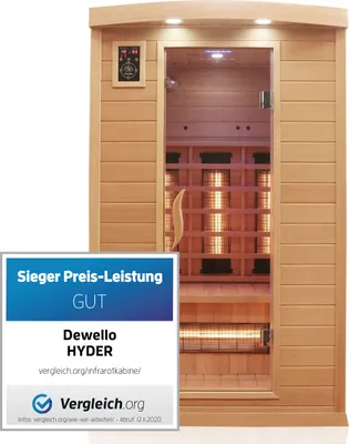 An infrared sauna cabin with a promotional badge on the left.