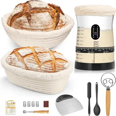 Immagine prodotto di Cesto per lievitazione naturale - Accessori per la panificazione - Preparare il pane in casa - Kit completo - Brocca da 1,5 litri - Colore nero
