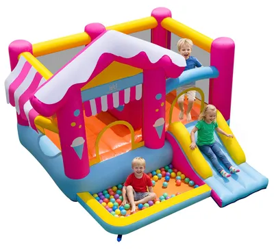 Image de Château gonflable COSTWAY avec toboggan, zone de saut, piscine à balles et 50 balles, idéal pour les enfants, utilisable en intérieur et en extérieur, dimensions : 320 x 300 x 230 cm
