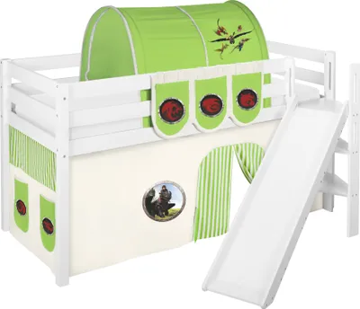 Produktbild von Spielbett JELLE 90 x 200 cm Dragons Grün - Hochbett LILOKIDS - Weiß - mit schräger Rutsche und Vorhang