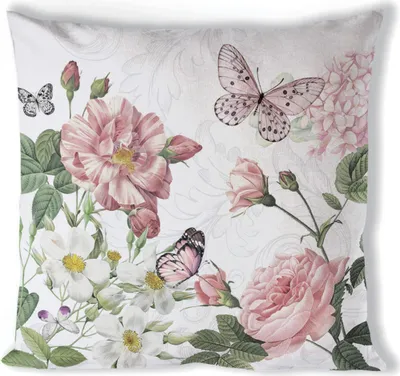 Produktbild von Kissenbezug 40x40cm Baumwolle Rosen & Schmetterling Motiv Weiß / Rosa