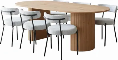 Produktbild von Kyoto Essgruppe Esstisch 100x210 cm Natur, 6 Stühle Bouclé Weiß.