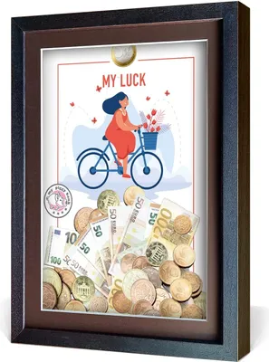 Produktbild von aFFa frames My Piggy Bank Spardose, 3D Bilderrahmen zum Befüllen, Geldgeschenke Verpackung für Auto, Haus, Geburtstag, mit Acrylglasfront, aus Holz, 32x42x2,5cm, Braun, Rahmen Glück Muster