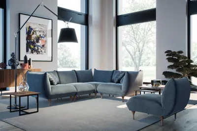 Immagine prodotto di Set soggiorno divano angolare Poltrona a L design divano legno tessuto set angolare