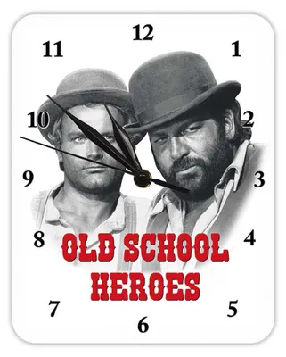 A clock featuring a black and white image of Bud Spencer and Terence Hill with the text 'OLD SCHOOL HEROES' on it.